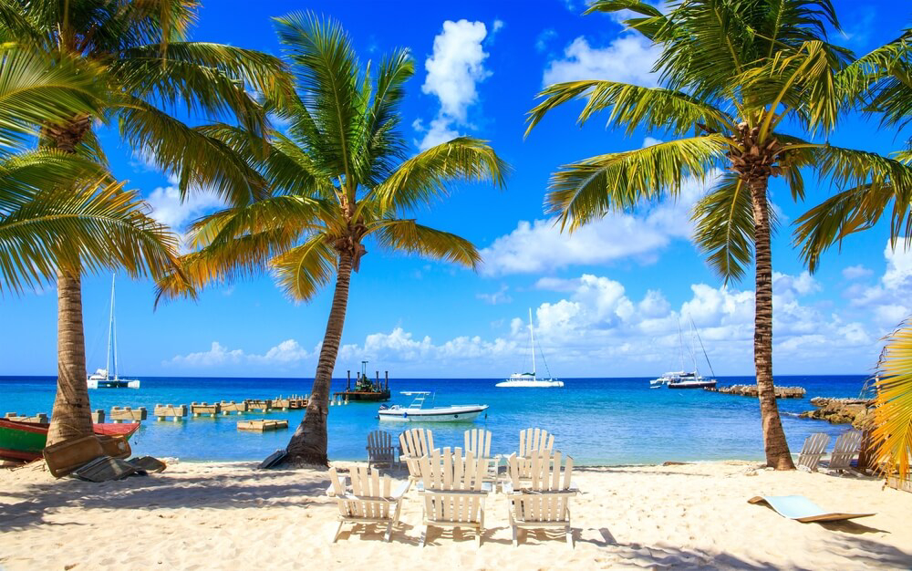 Dominican Republic Christmas: The white sand beach of Isla Saona with deckchairs and palms