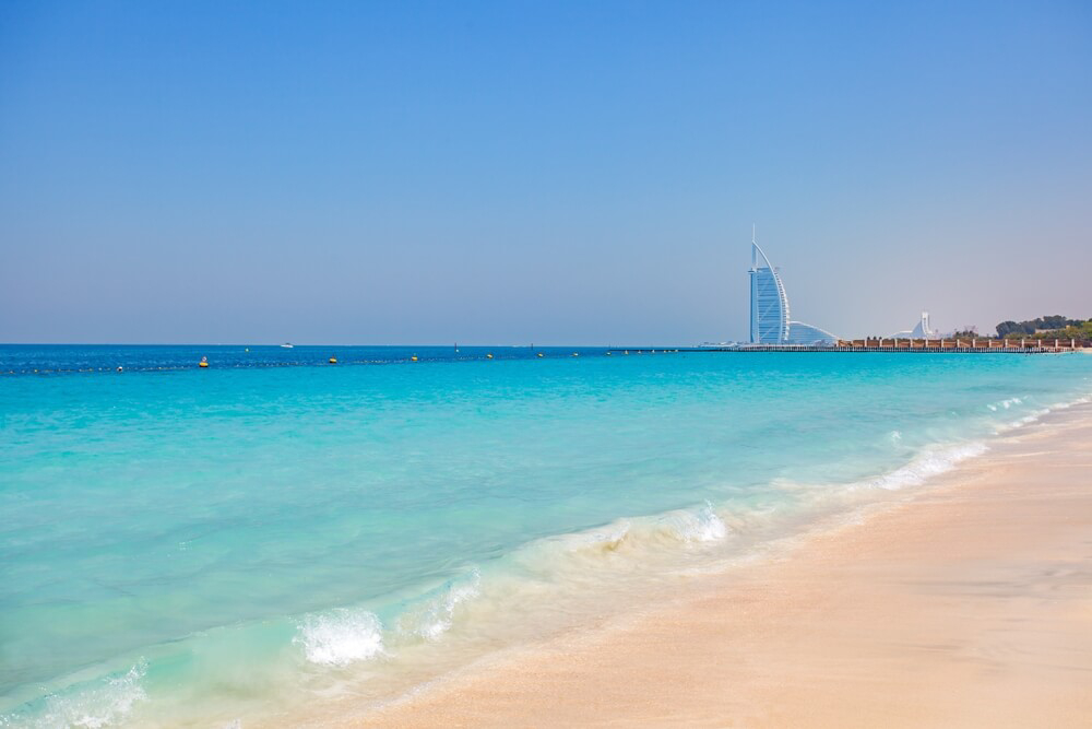 Dubai Beaches: Golden sand and turquoise waters of Al Sufouh Beach in Dubai