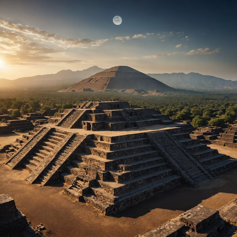 Teotihuacan: Grey stone pyramids towering over the vast flat surroundings