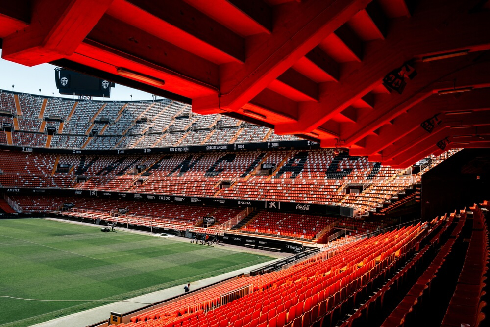 Mestalla: Orange seating surrounding the pitch at the Mestalla Stadium