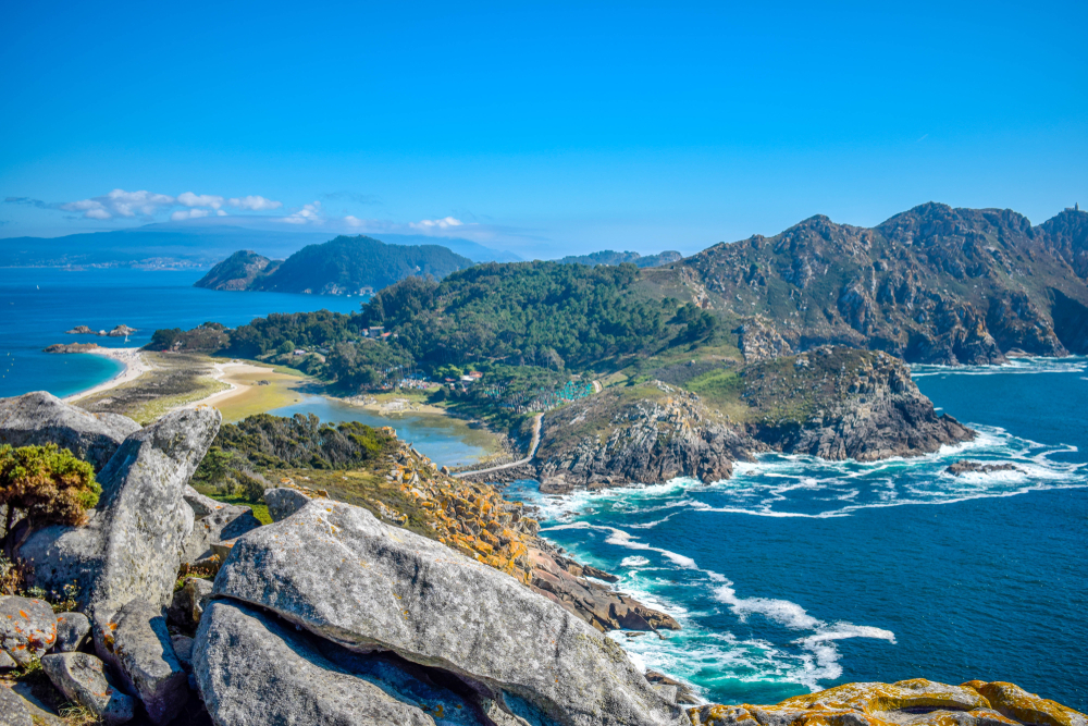 Cies Islands: A view of the mountainous Cies Islands from a distance