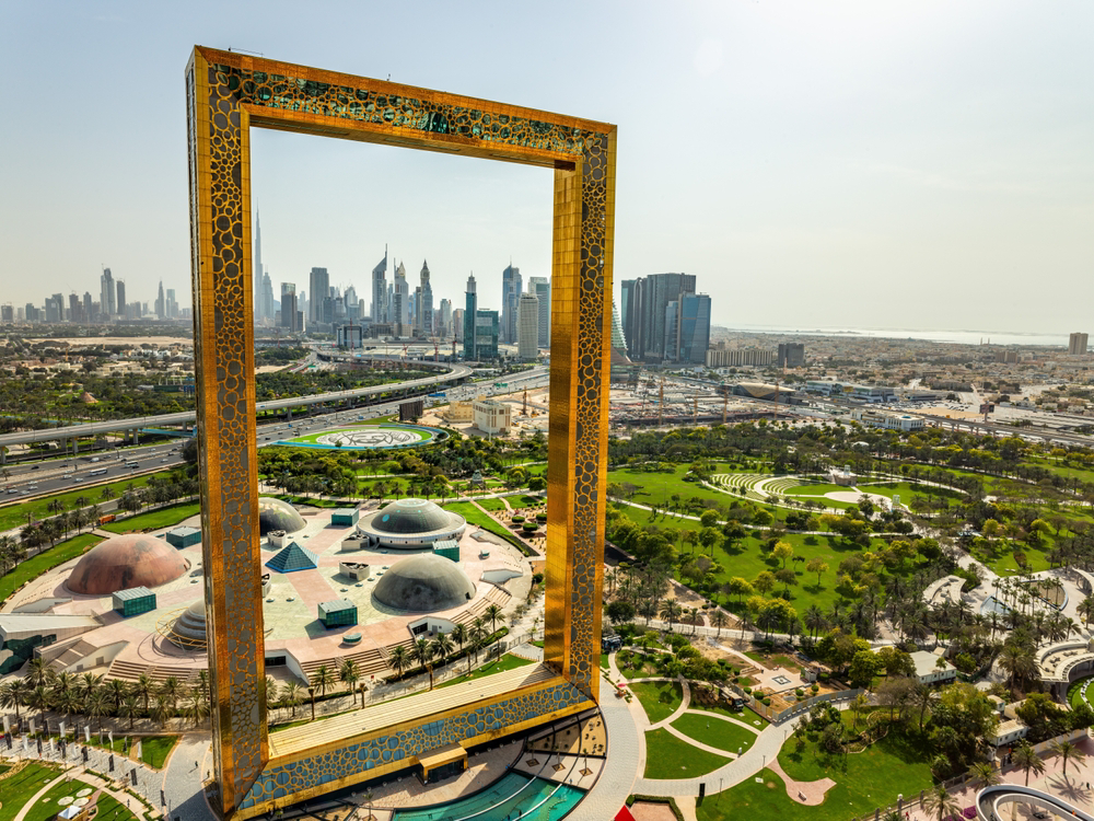 Dubai Frame: A golden giant frame towering over old and new Dubai