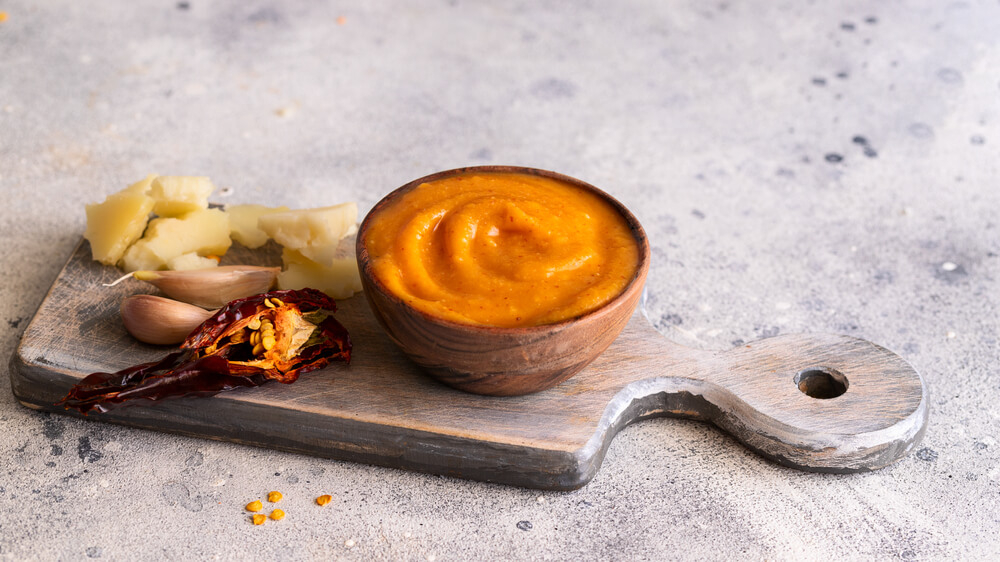 Kanarische Küche: Almogrote in einem kleinen Schälchen auf einem Brett mit Chili und Knoblauch