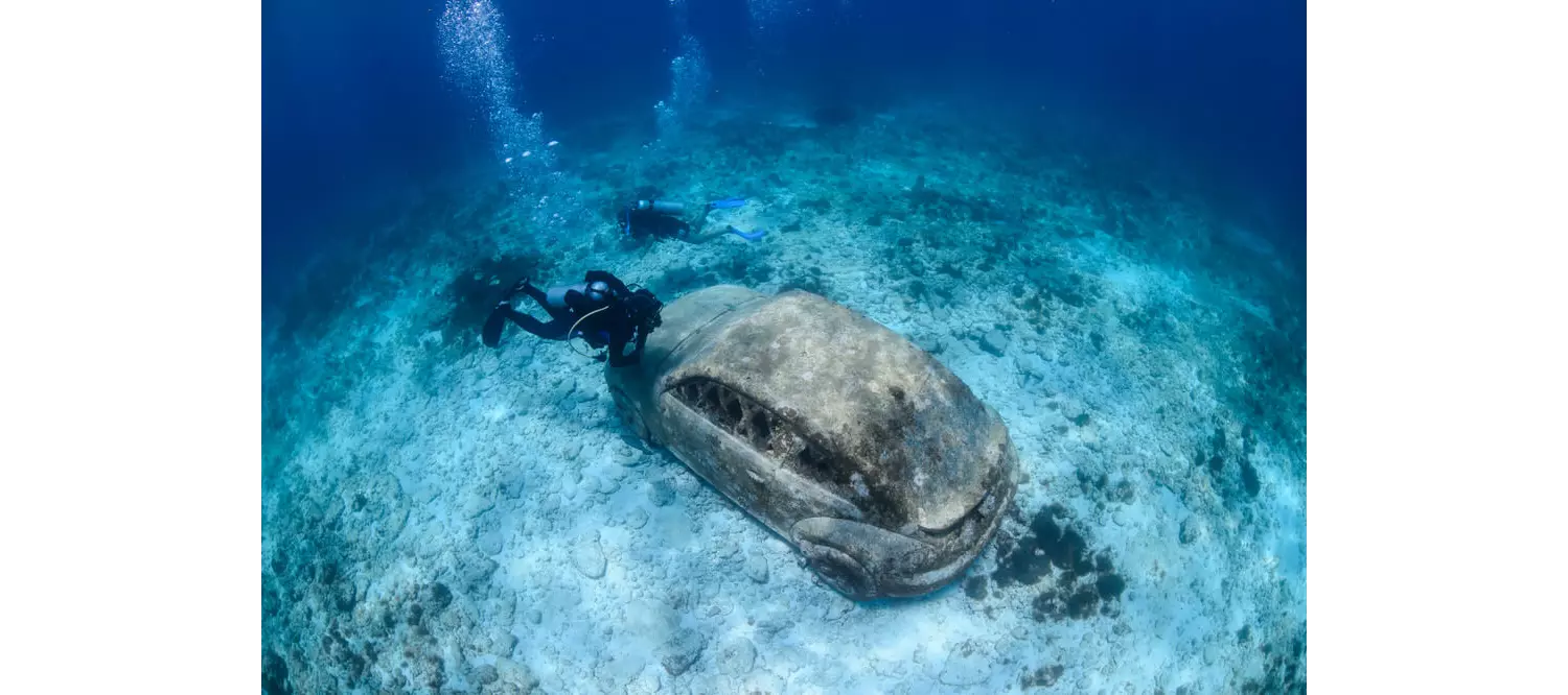 Cancun places to visit: Person scuba diving at the MUSA open water museum