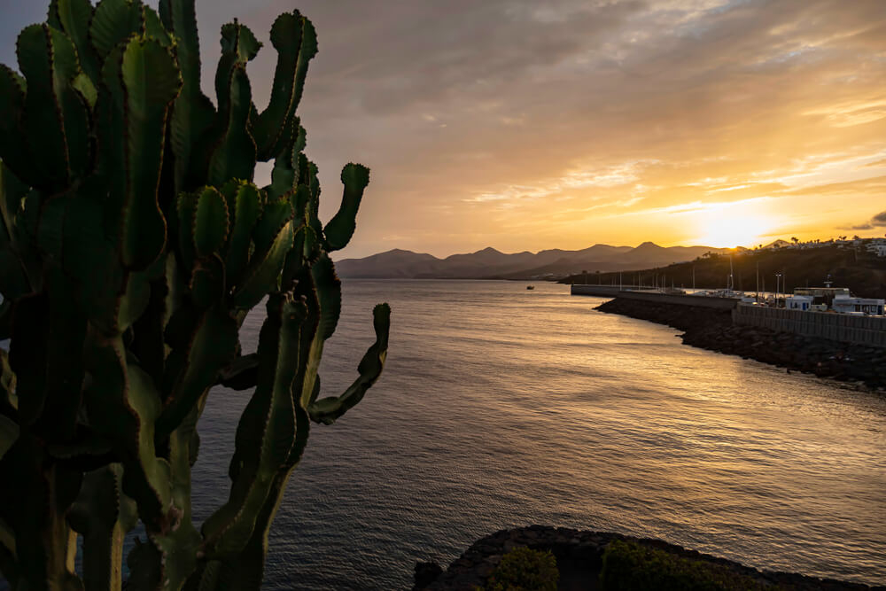 Lanzarote nightlife: Sun setting over the port of Lanzarote with boats in the harbour