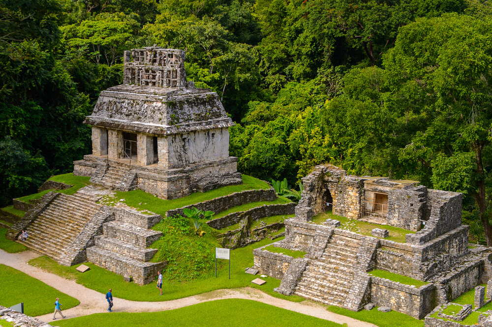 Palenque: Two stone structures with steps surrounded by greenery