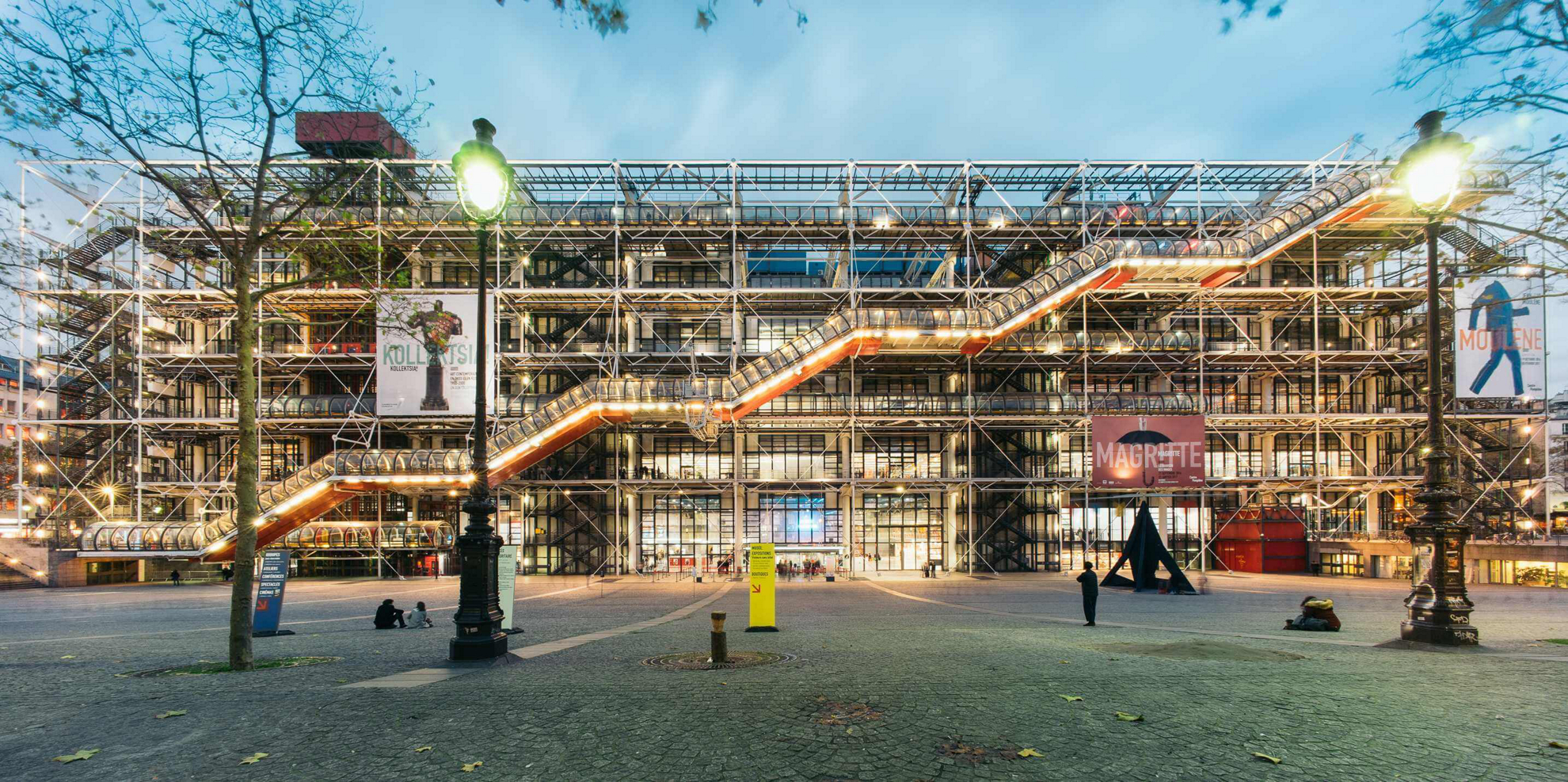 Museums in Paris: The facade of the Centre Pompidou at night