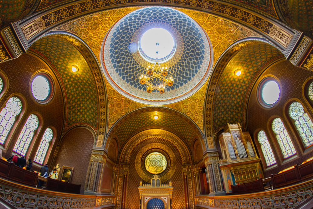 Museums in Prague: Gold, ornate domed ceiling with stained glass windows of Jewish Museum