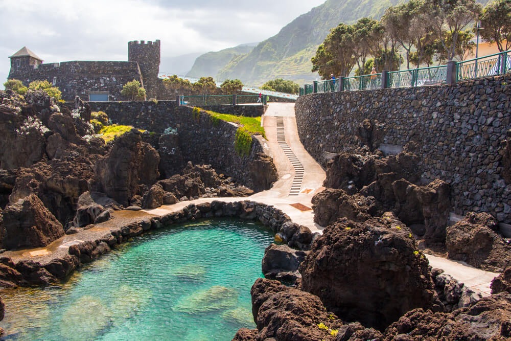 Porto Moniz: A sloped walkway leading to a rockpool filled with seawater