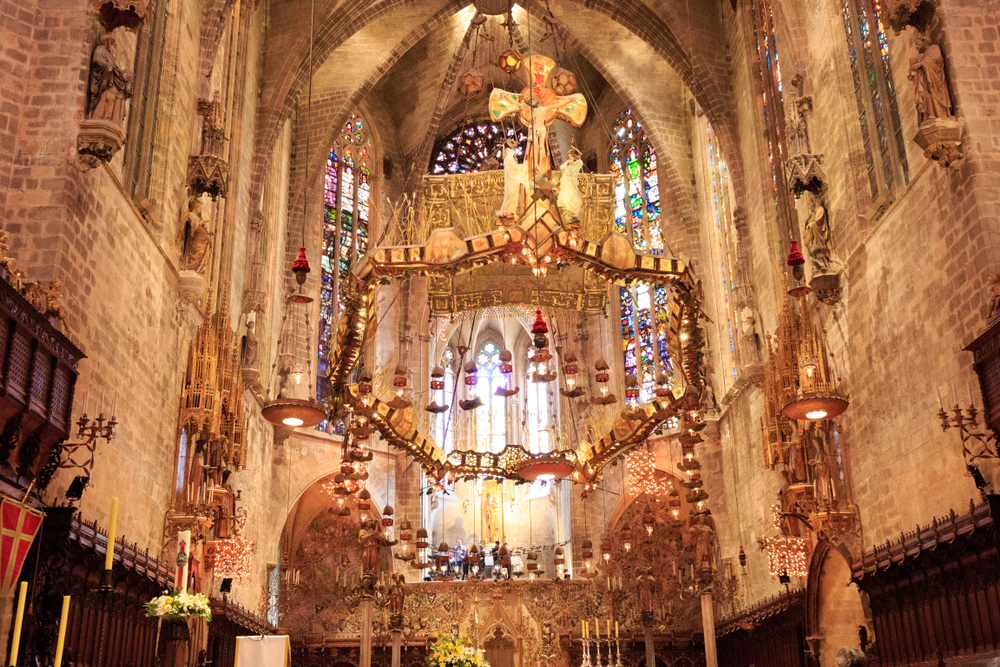 Europe, Spain, Balearic Islands, Mallorca. Palma.  The Cathedral of Santa Maria of Palma, referred to as La Seu. A Gothic Roman Catholic cathedral.