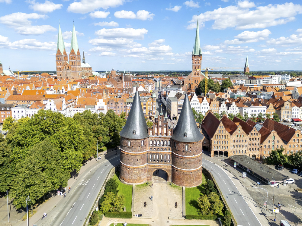 Holsten Gate Holstentor aerial view photo Hanseatic city town of Lübeck in Germany