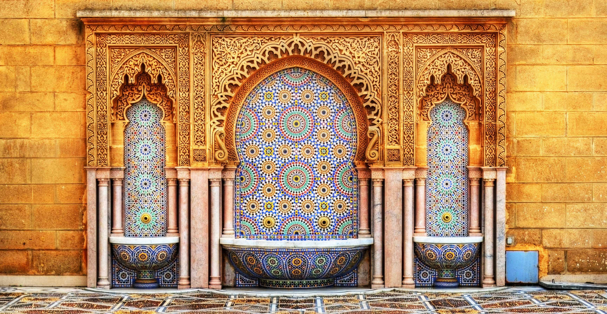 Rabat attractions: a brightly coloured mosaic wall with fountains