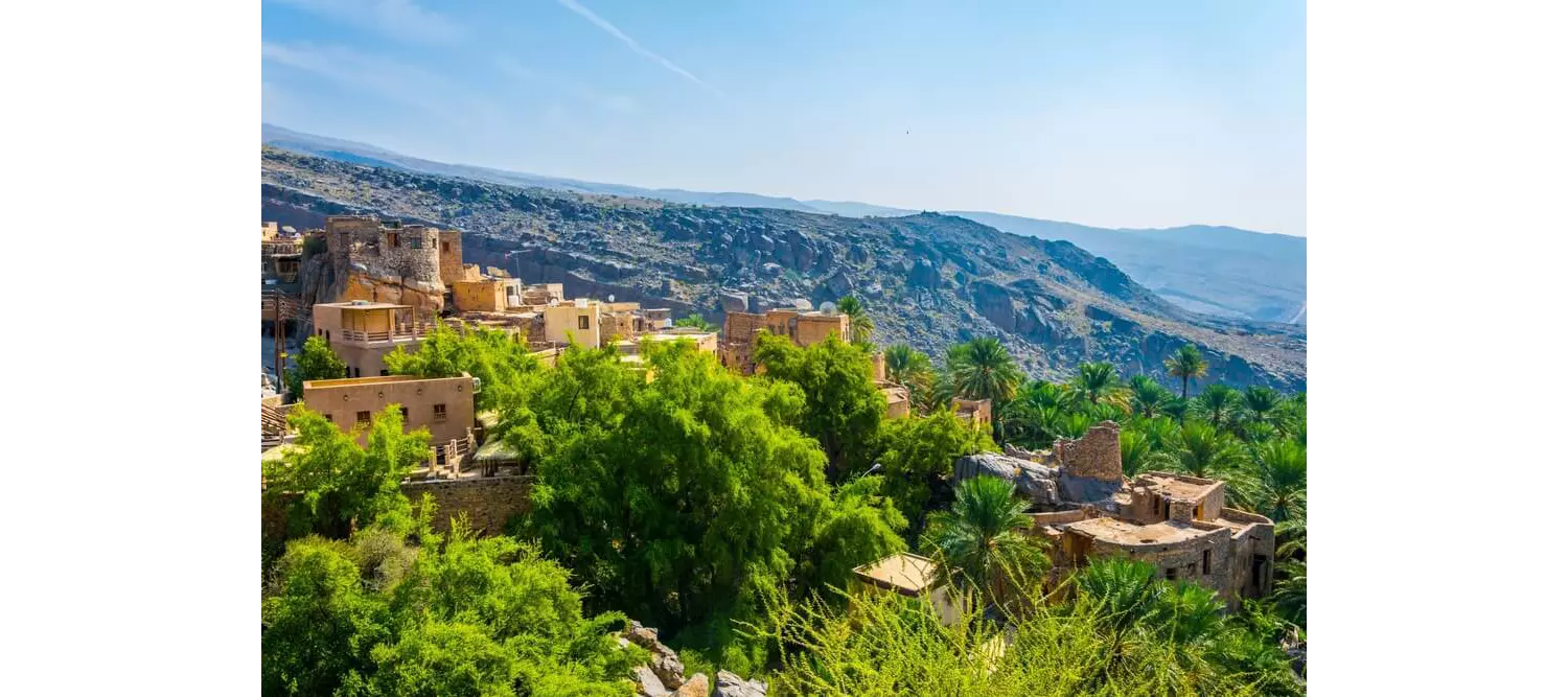 Oasendorf im Oman mit vielen Palmen.