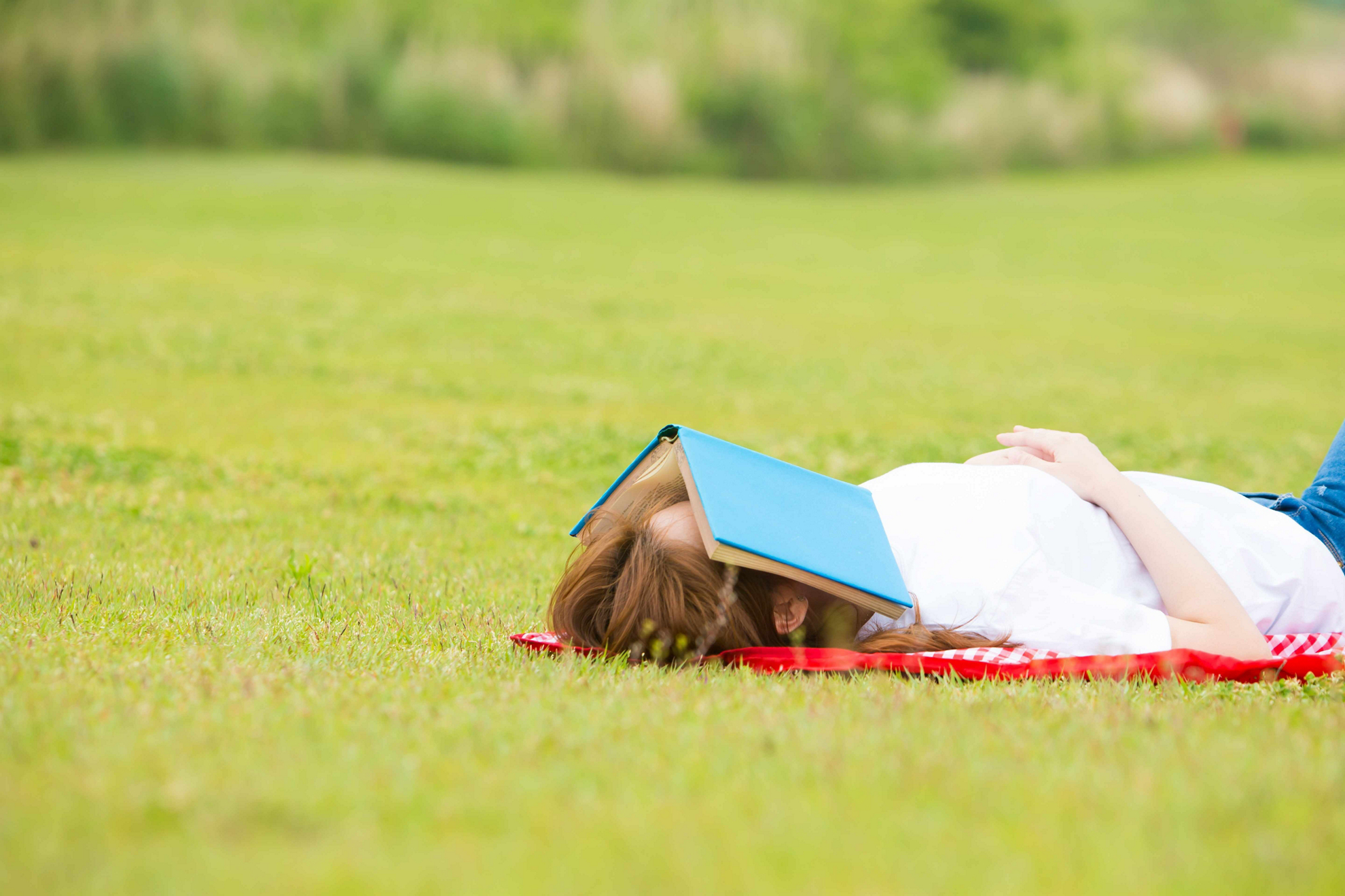 Romane für den Urlaub: Frau entspannt sich auf einer Wiese mit einem Buch auf dem Gesicht