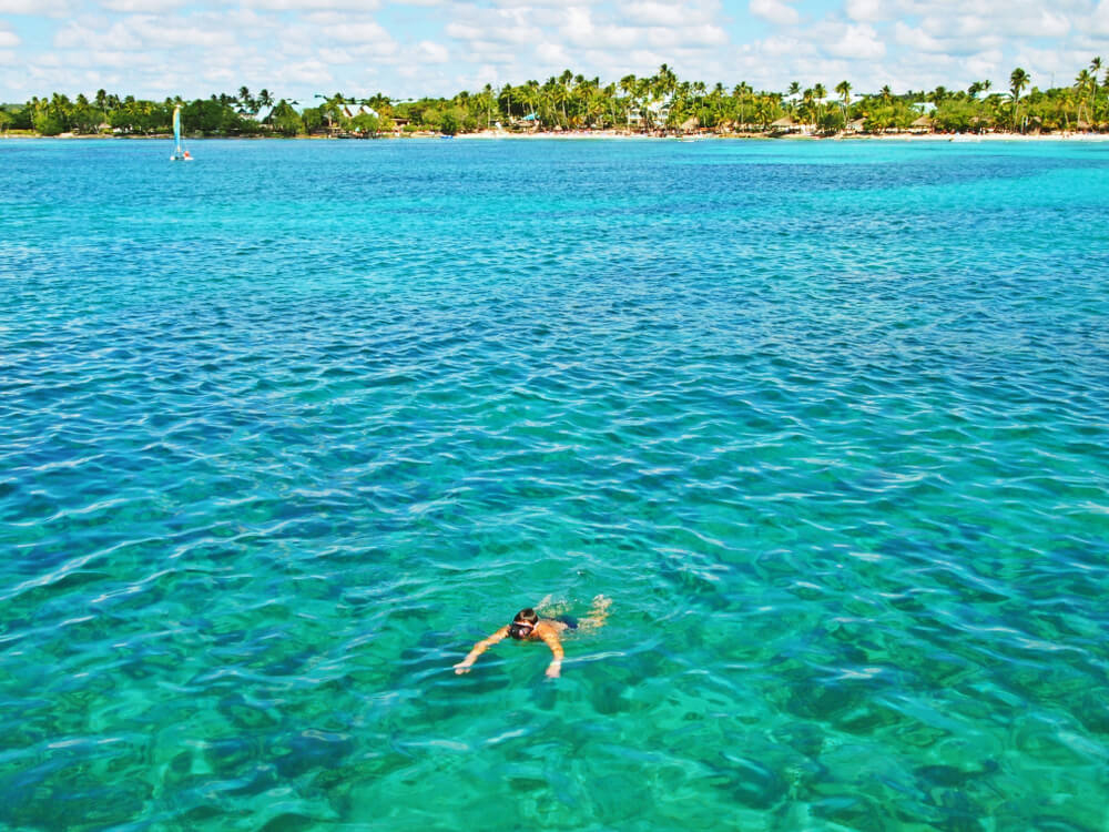 A man snorkels in the waters of Saona Island.