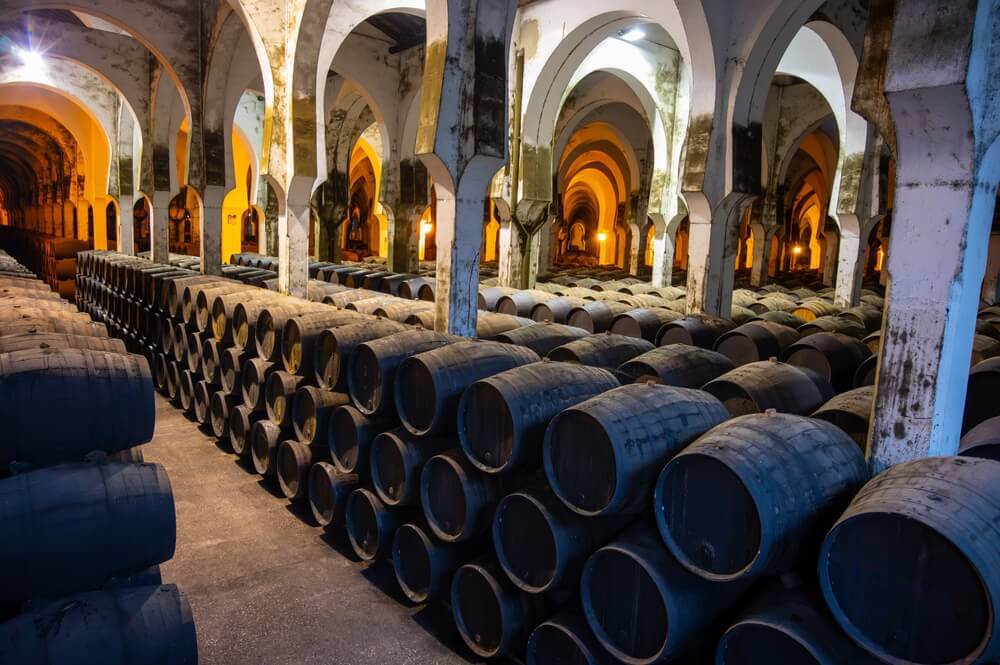 Solera: A hall with rows of barrels stacked on top of each other