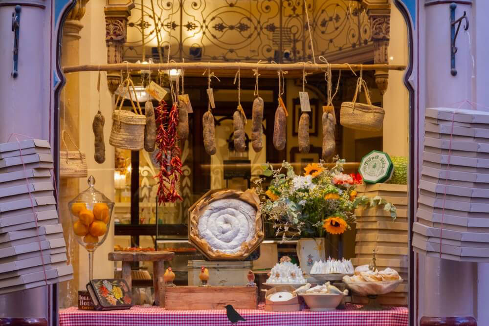 Souvenirs from Mallorca: A window display at a boutique Mallorcan food store