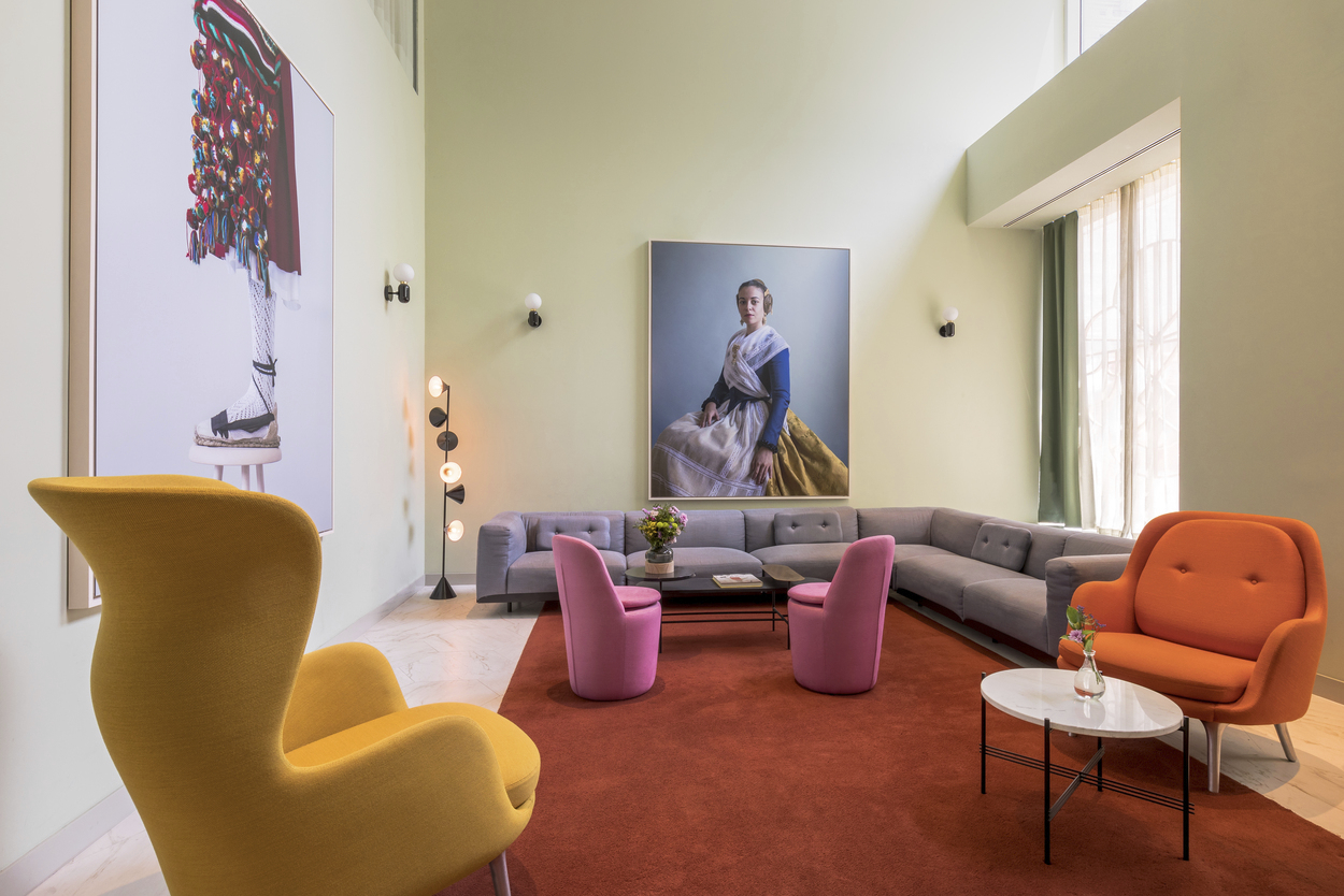 Inside the lobby of the Barceló Torre de Madrid hotel