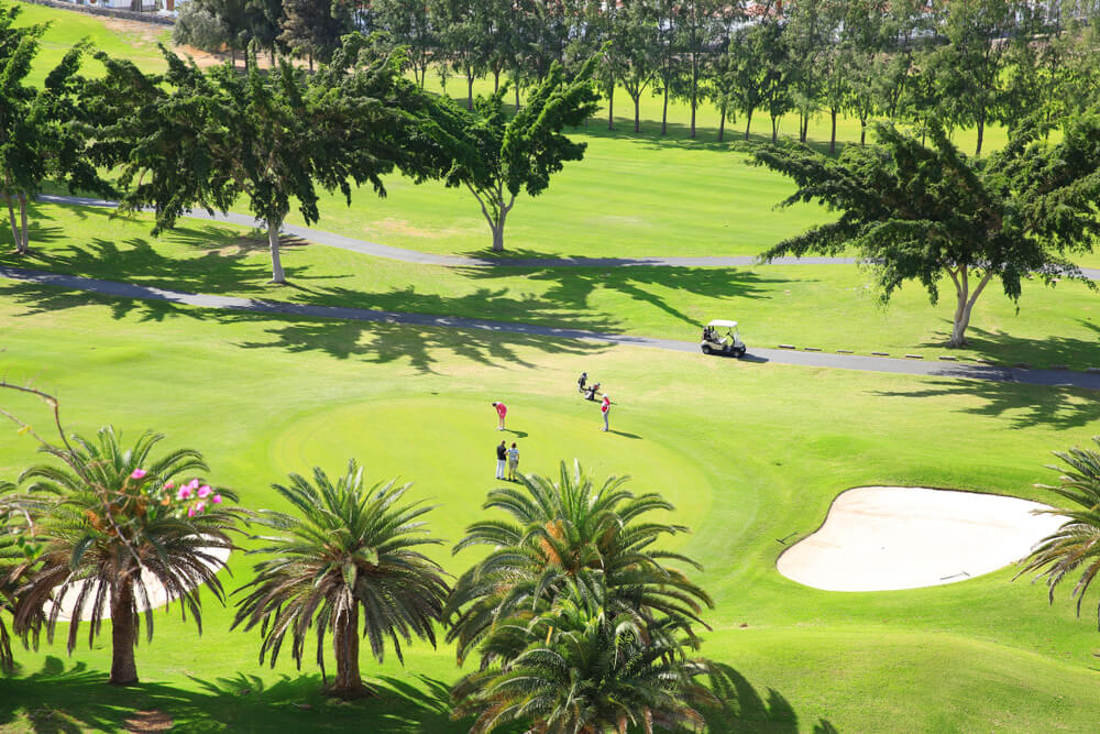 Luftaufnahme des Golfplatzes Maspalomas Golf mit Golfern und Palmen.