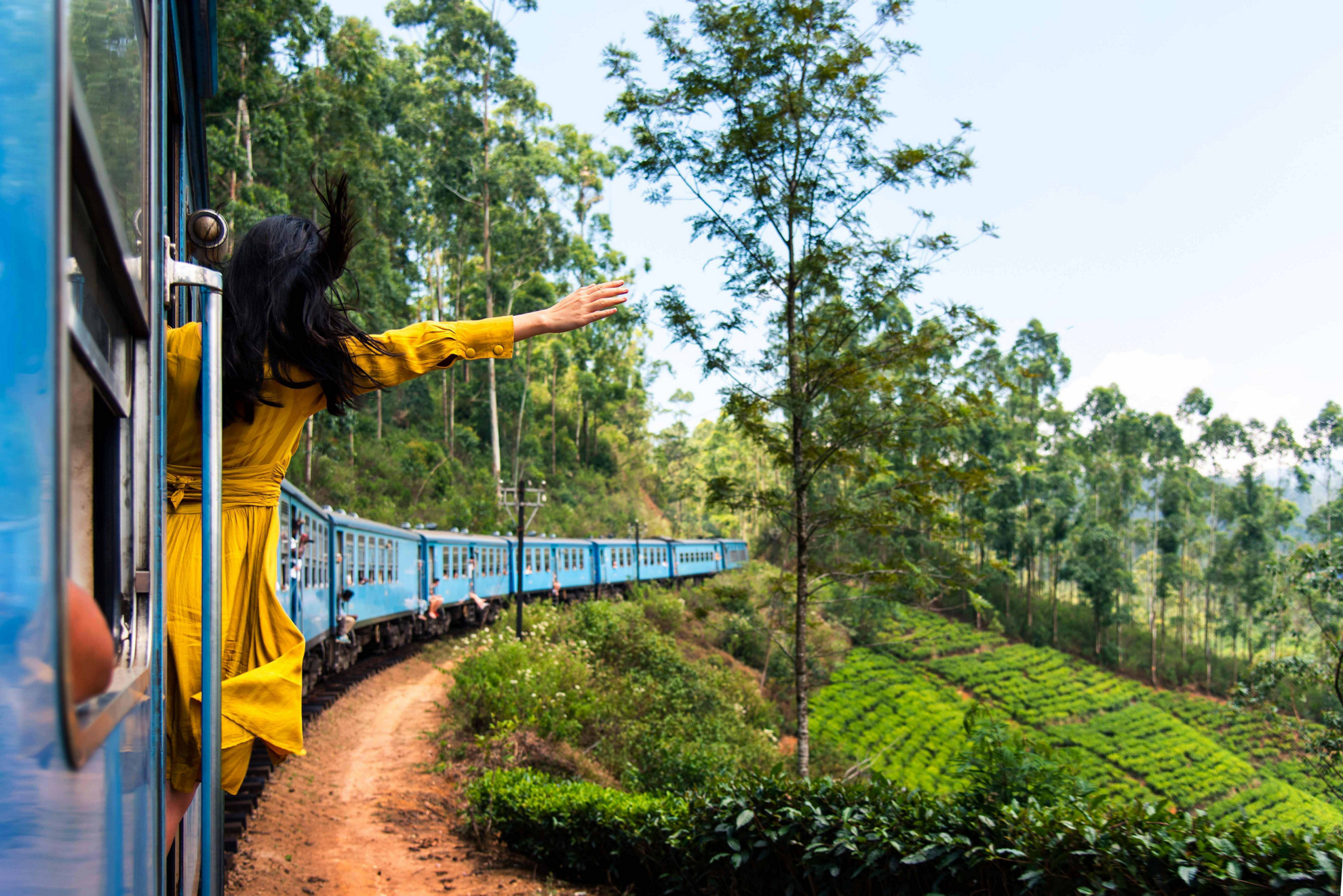 Sri Lanka mit dem Zug: Touristin winkt aus einem blauen Zug in der grünen Landschaft.