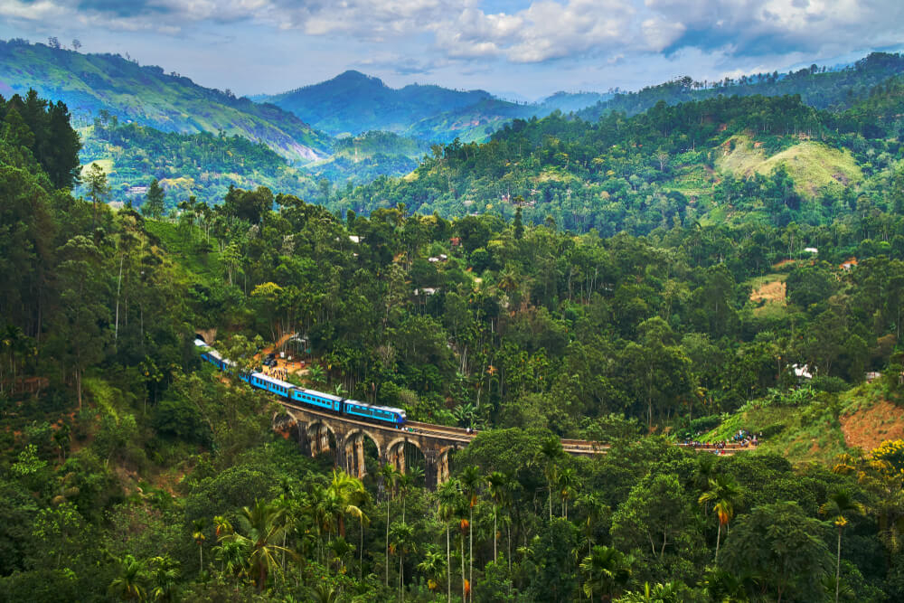 Zug von Kandy nach Ella: Luftaufnahme mit viel grüner Landschaft rund um den Zug.