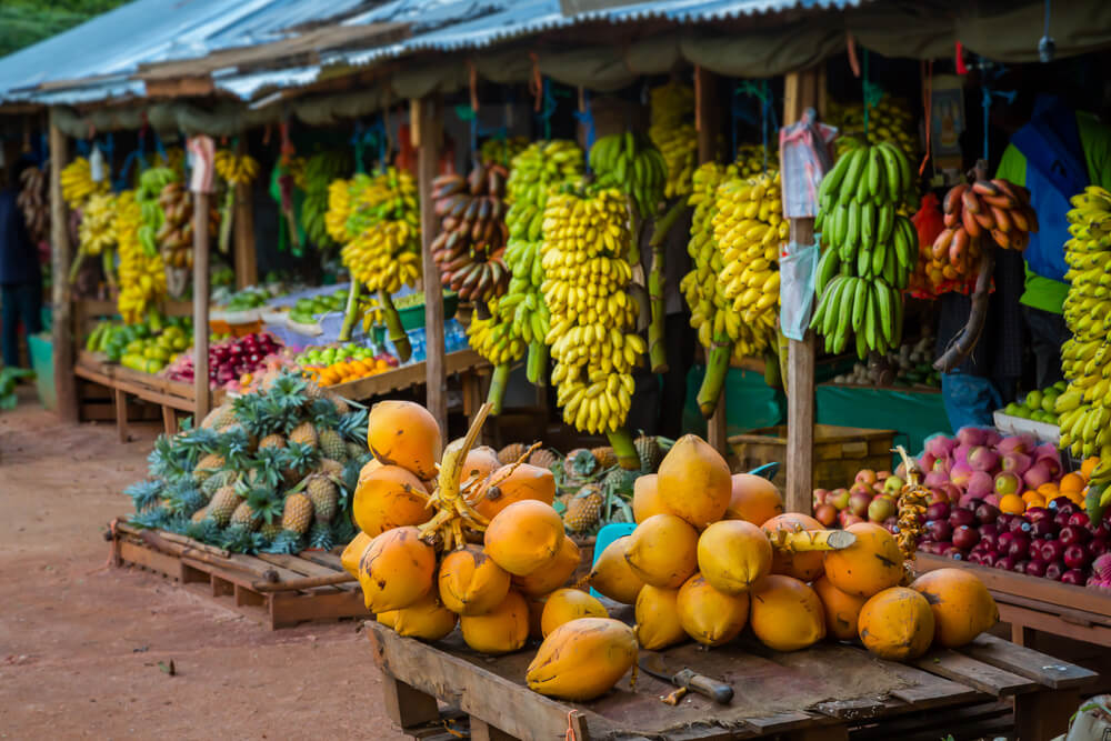 Street food in Sri Lanka: A close-up of a typical market stall selling fresh fruit