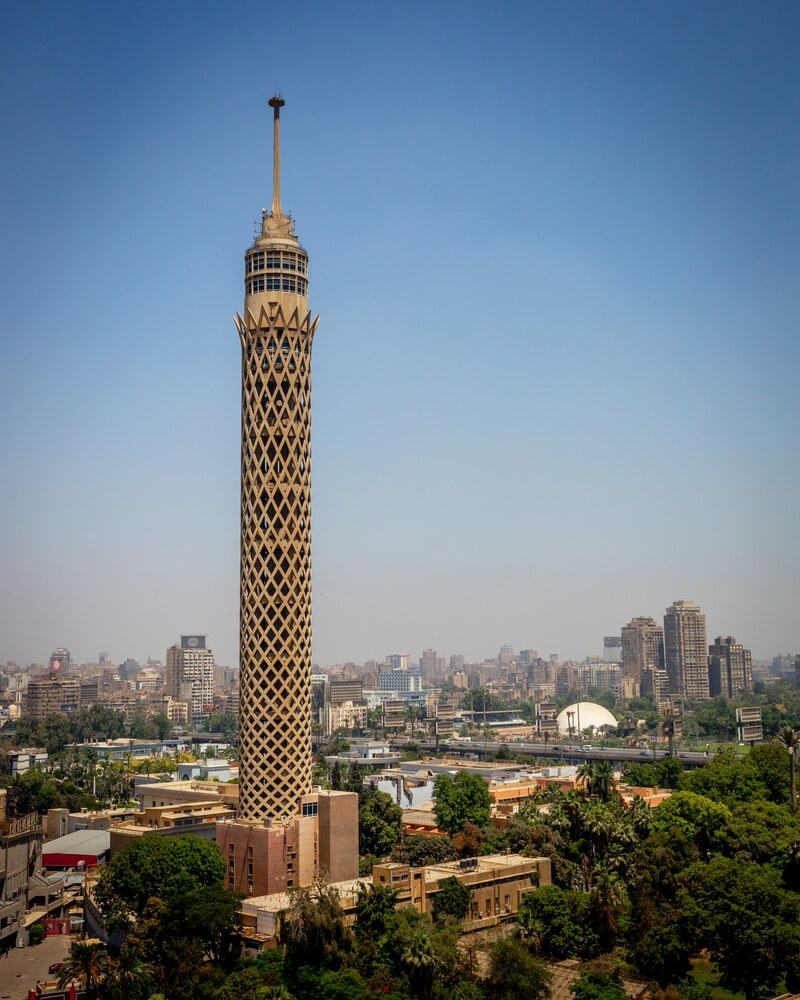 Cairo Tower: a close-up of the imposing Cairo Tower and the surrounding cityscape