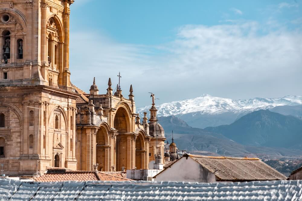Cathedral: An ornate stone building against the Sierra Nevada