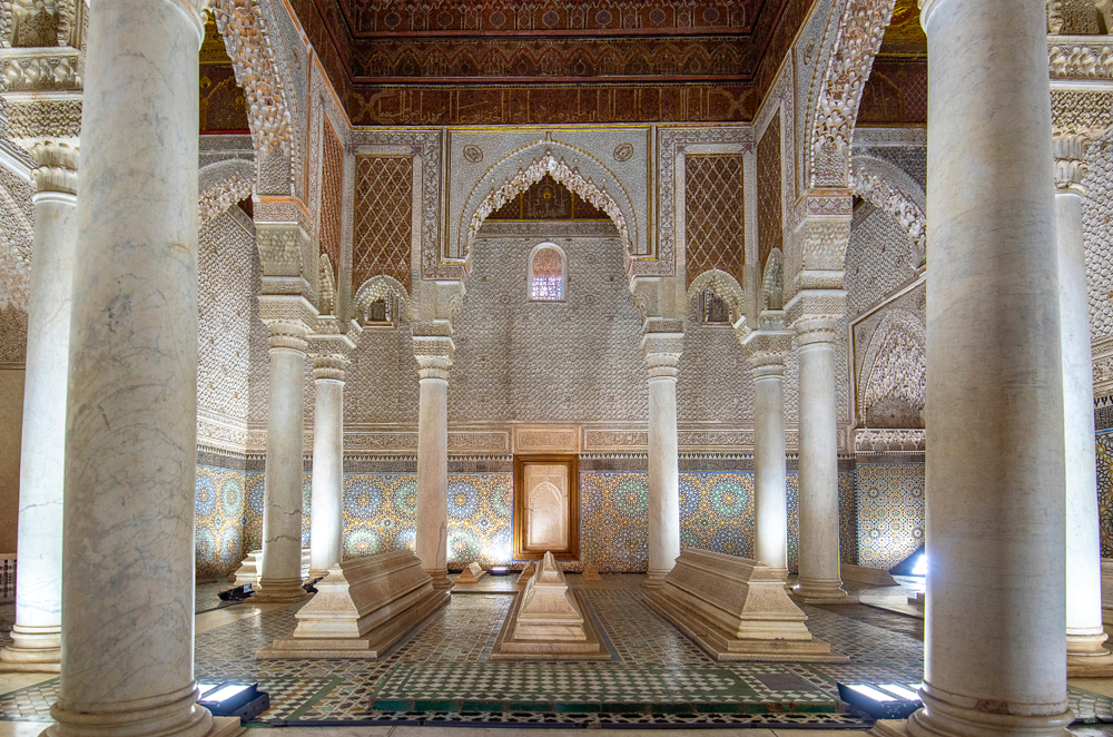 Saadian Tombs: Ornate white mosaic interiors with wooden roof and stone tombs