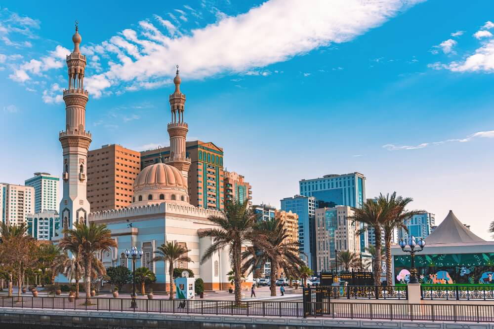 Sharjah: A view of the Al Qasba mosque from the roadside