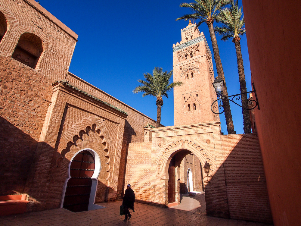 Koutoubia Mosque: A close-up of the red brick building and courtyard of the mosque