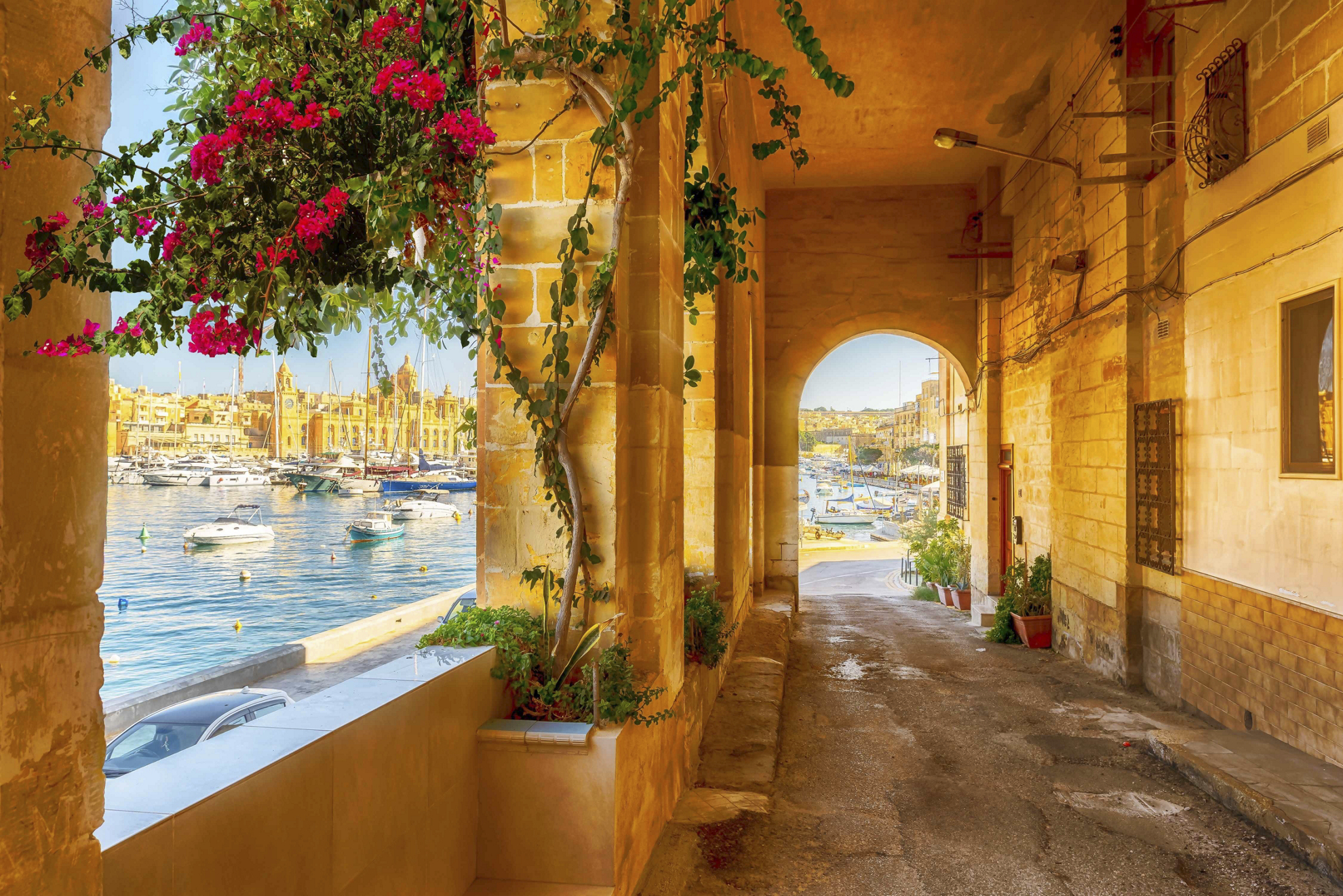 Things to see in Valletta: Sunkissed city walls with bougainvillaea overlooking the water and boats