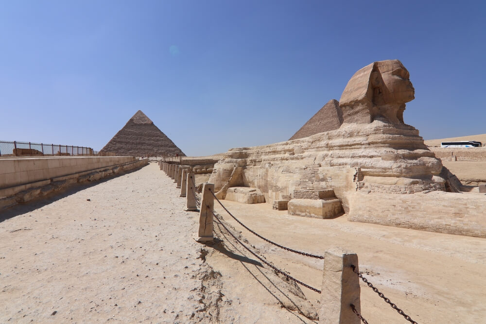 Tourist attractions of Egypt: A close-up of the Sphinx in the Giza Necropolis 