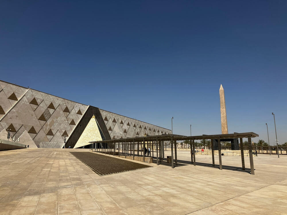 Tourist attractions of Egypt: The entrance patio and close-up of the exterior of the Grand Egyptian Museum