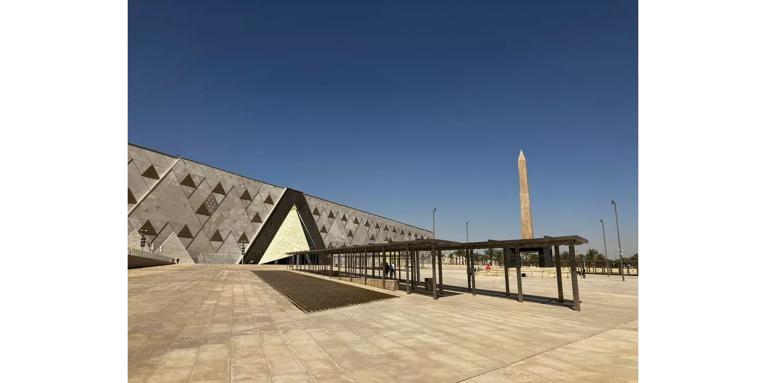 Tourist attractions of Egypt: The entrance patio and close-up of the exterior of the Grand Egyptian Museum