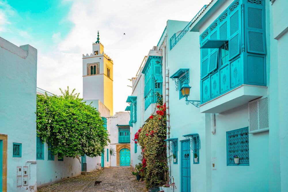 Tunesien Sehenswürdigkeiten: türkisfarbene Häuser in Sidi Bou Saïd.