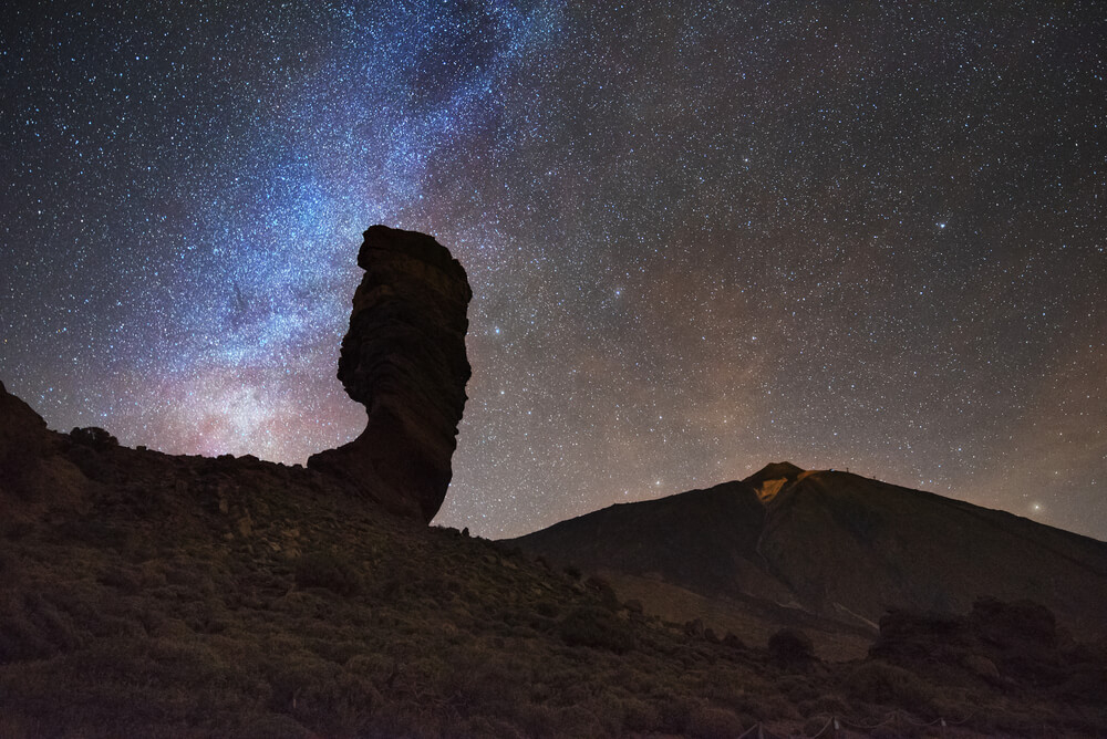 El Teide Stargazing: The night sky lit up with stars with El Teide in the foreground