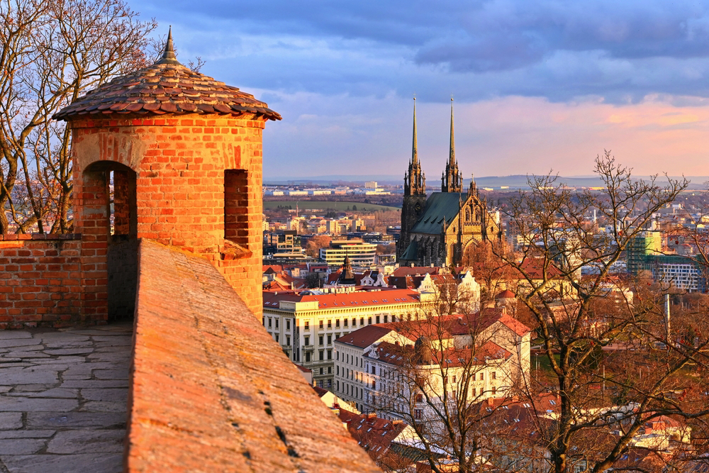 Brno city in the Czech Republic. Europe.Petrov - Cathedral of Saints Peter and Paul. Beautiful old architecture and a popular tourist destination. Landscape with snow in winter.