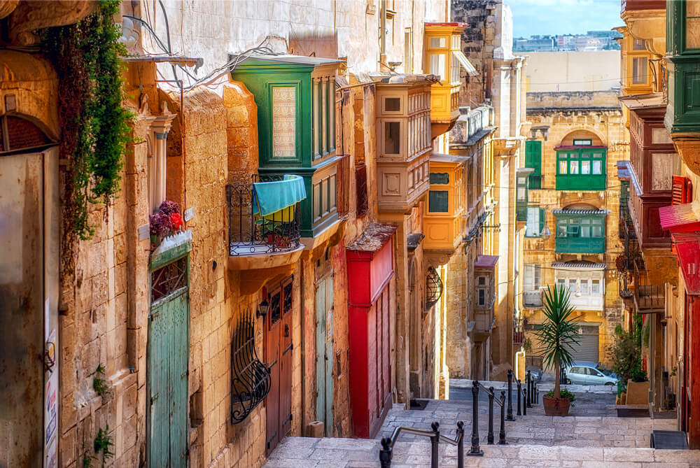 The traditional sloping streets of Malta’s capital city Valletta
