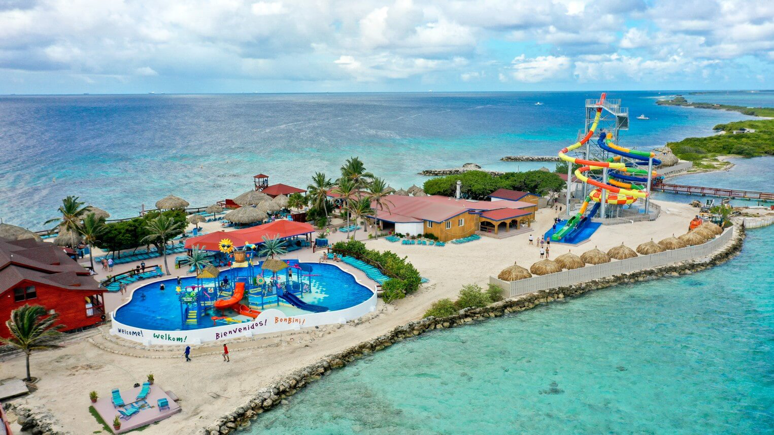 An aerial view of De Palm Island, the perfect place to enjoy water sports in Aruba.