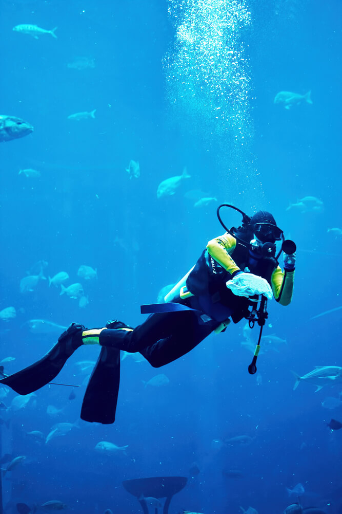 Water sports in Dubai: A man scuba diving with fish 
