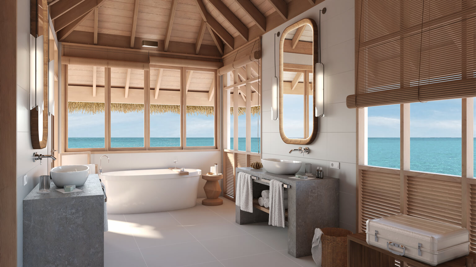 Luxury Maldives resorts: A modern, neutral hotel bathroom 