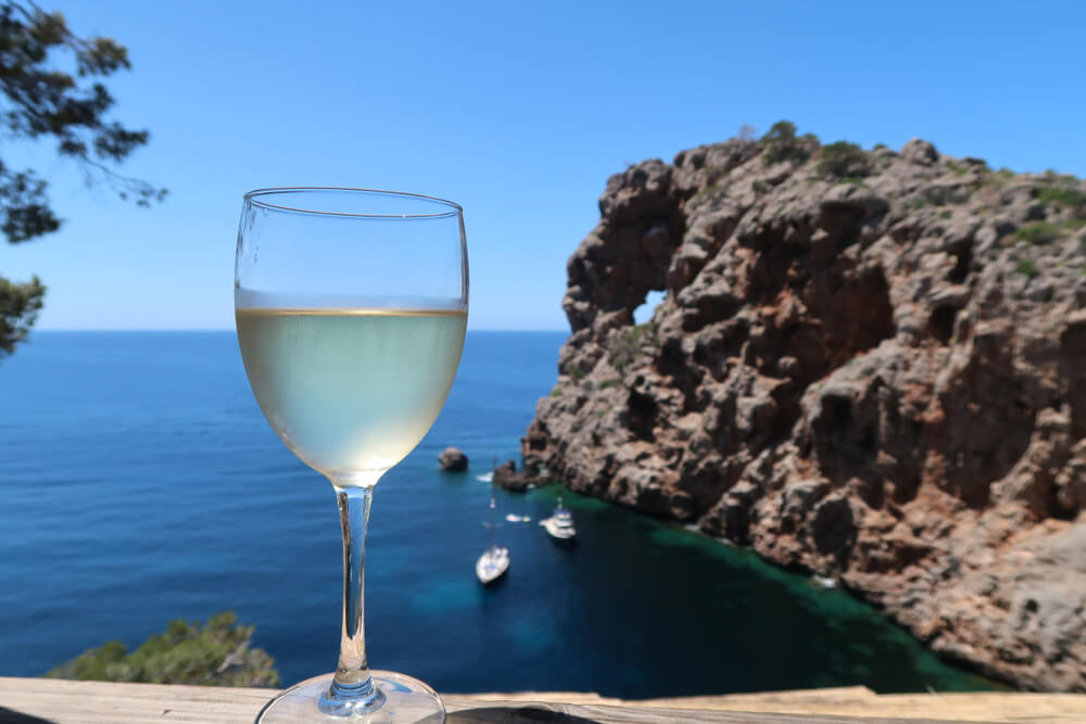 A glass of white wine with the ocean in the background