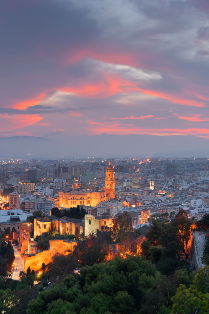 Malaga: Views of the Malaga city skyline at sunset