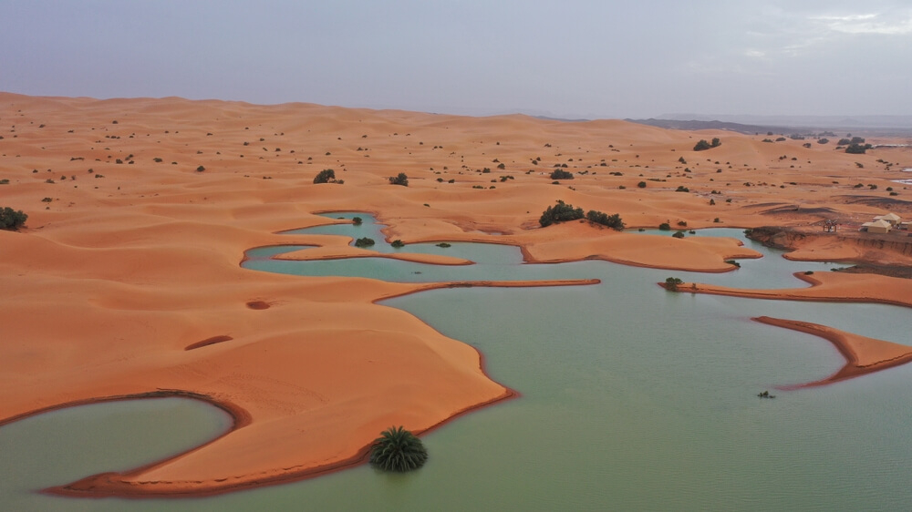 Wüstensafaris: kleine Wasserbecken in der Erg Chebbi-Wüste bei Merzouga in Marokko.