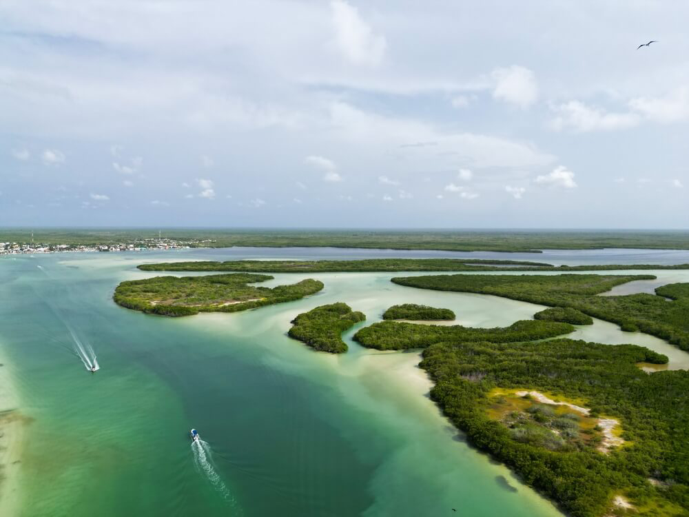 Grüne Inseln im Naturpark Ría Lagartos (Yucatán-Halbinsel) aus der Vogelperspektive.