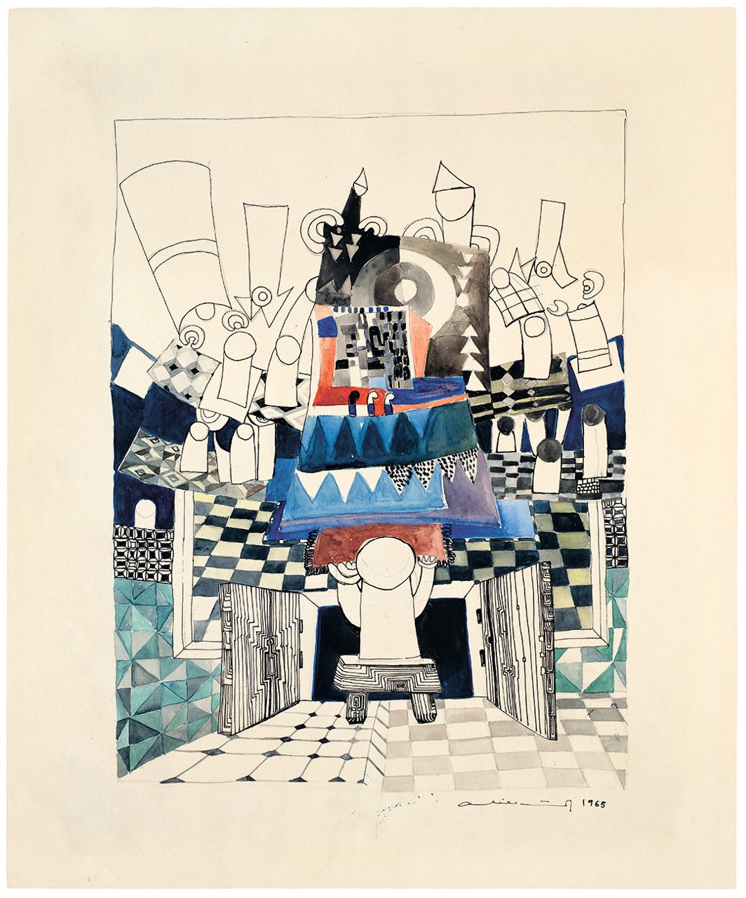 Ilustración abstracta de una figura sentada ante una mesa, rodeada de formas geométricas, objetos y personajes dibujados en blanco, negro y tonos azules.