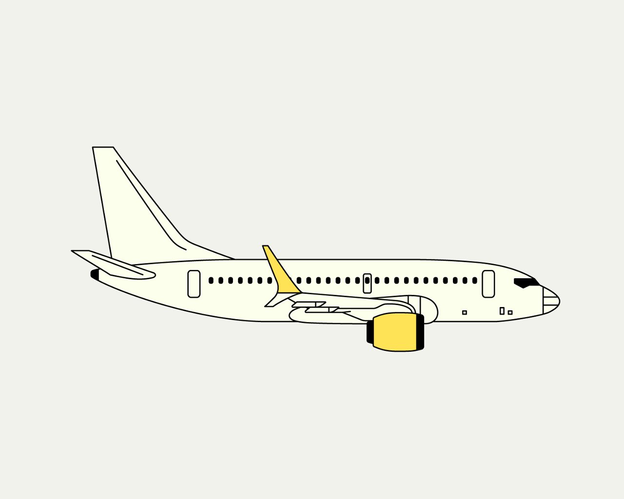 Minimalist flat illustration of a commercial airplane in side view, white with yellow details. 