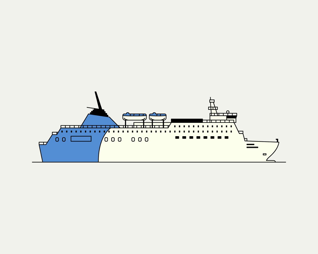 Minimalist flat illustration of a cruise ship in side view. The ship is white with blue details. 