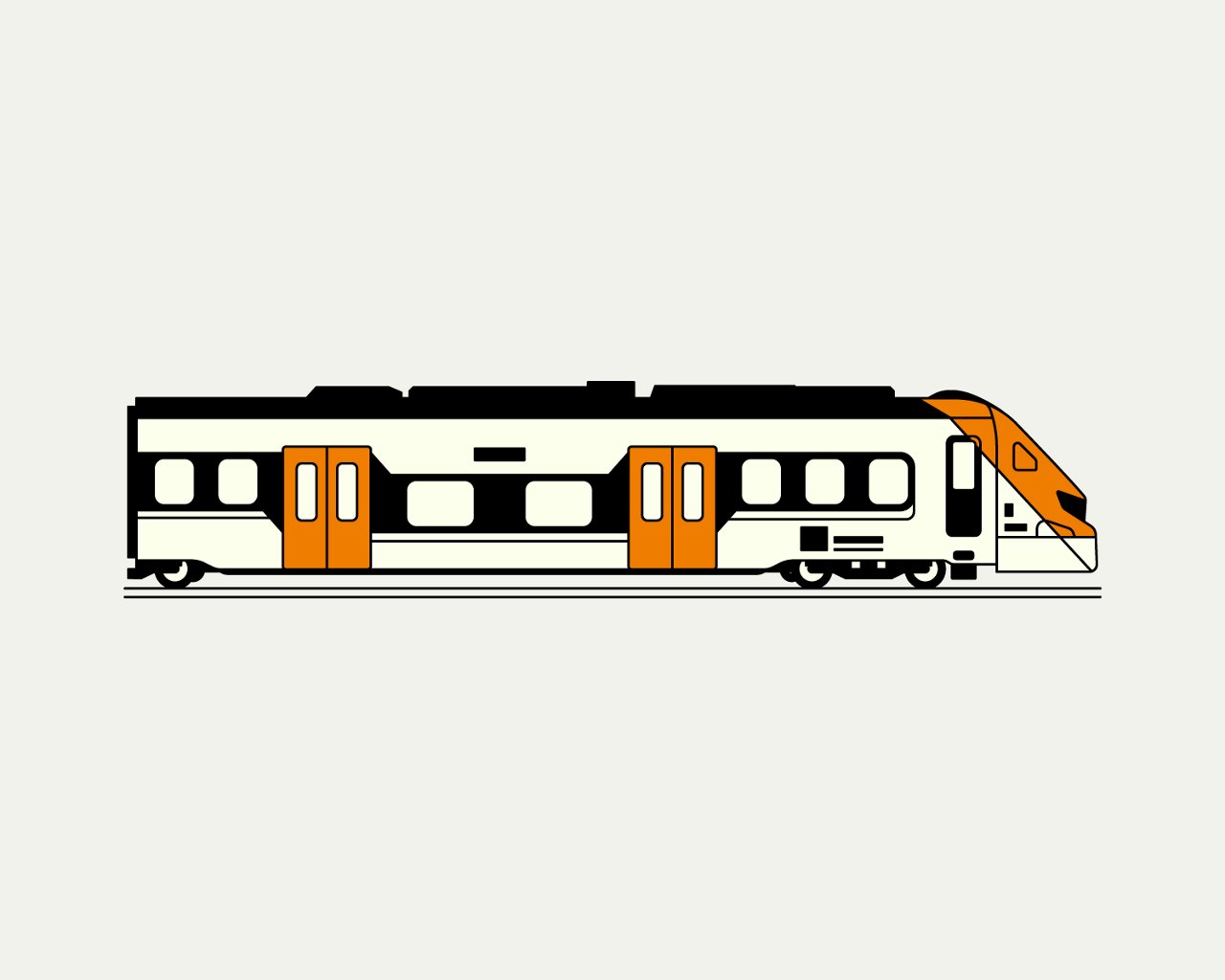 Illustrazione minimalista e piatta di un treno visto di profilo, di colore bianco con dettagli arancioni. 